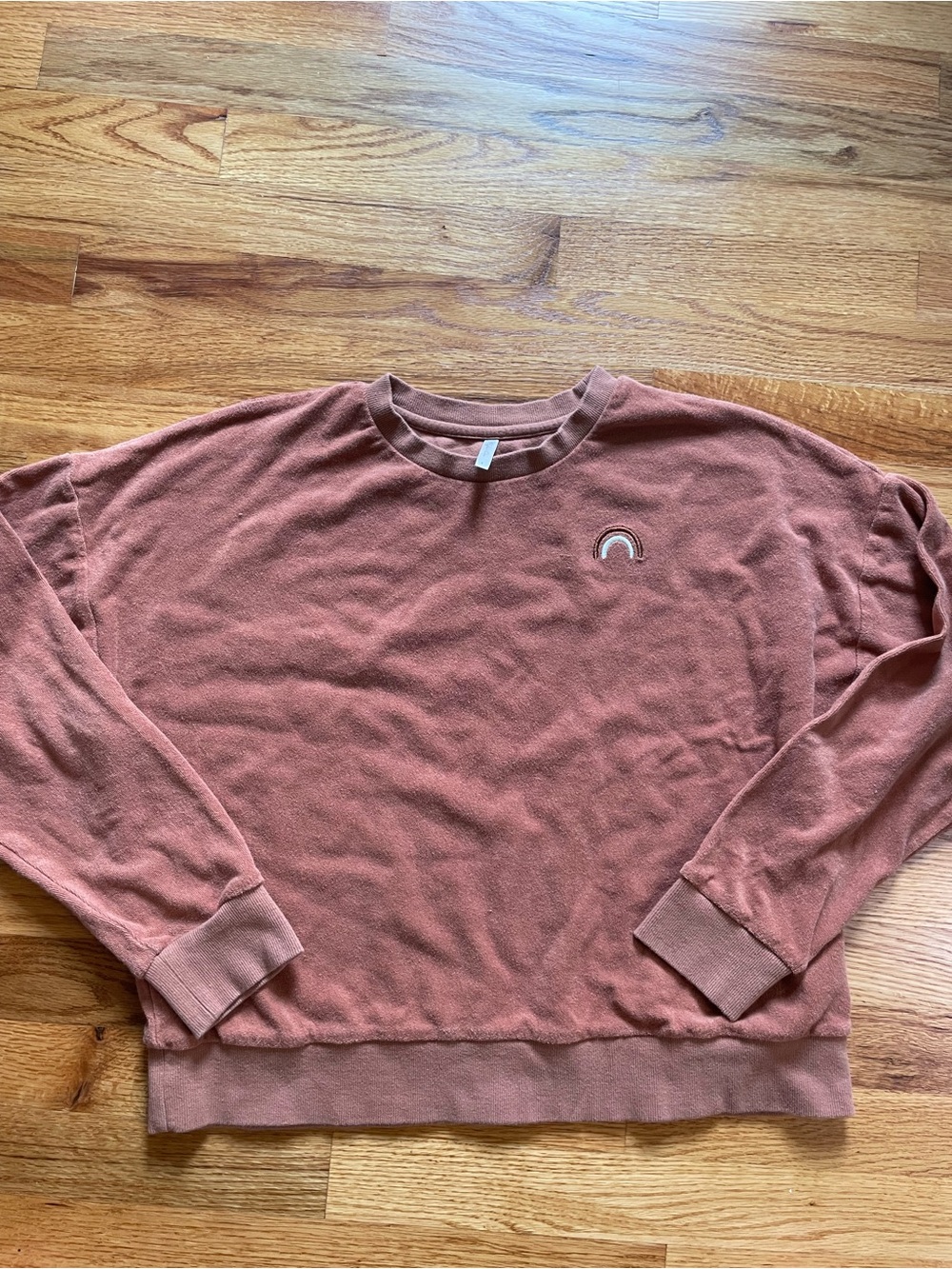 Rylee + Cru Dusty Rose Crewneck Sweater with Small Rainbow Patch